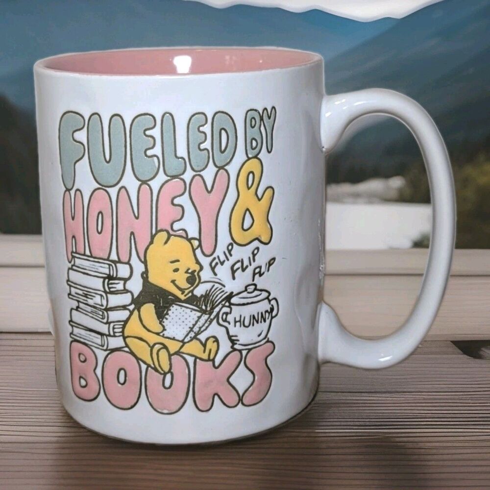 Winnie The Pooh Coffee Mug Fueled By Honey & Books Pink Interior 17 fl oz Gift